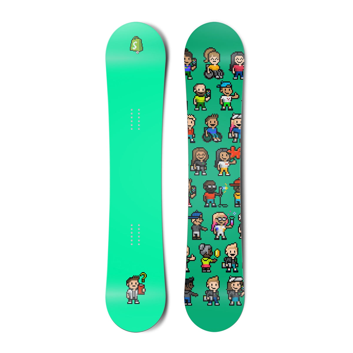 Top and bottom view of a snowboard. The top view shows a pixelated Shopify bag logo and a pixelated
character reviewing a clipboard with a questioning expression with a bright green-blue background. The bottom
view is a pattern of many pixel characters with a bright green-blue background.