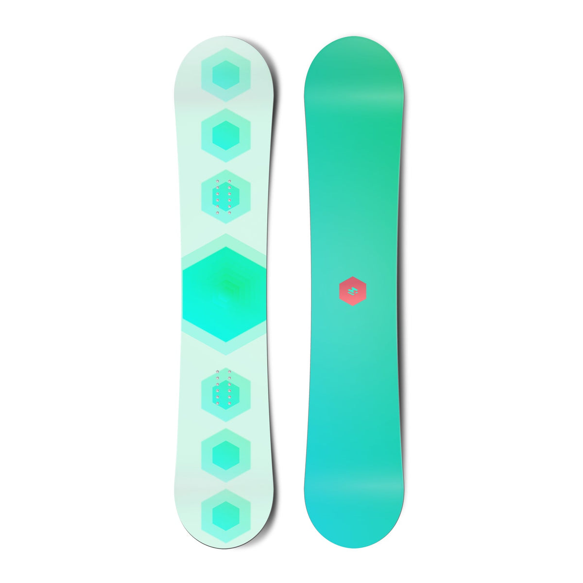 Top and bottom view of a snowboard. The top view shows 7 stacked hexagons and the bottom view shows
a small, centred hexagonal logo for Hydrogen.